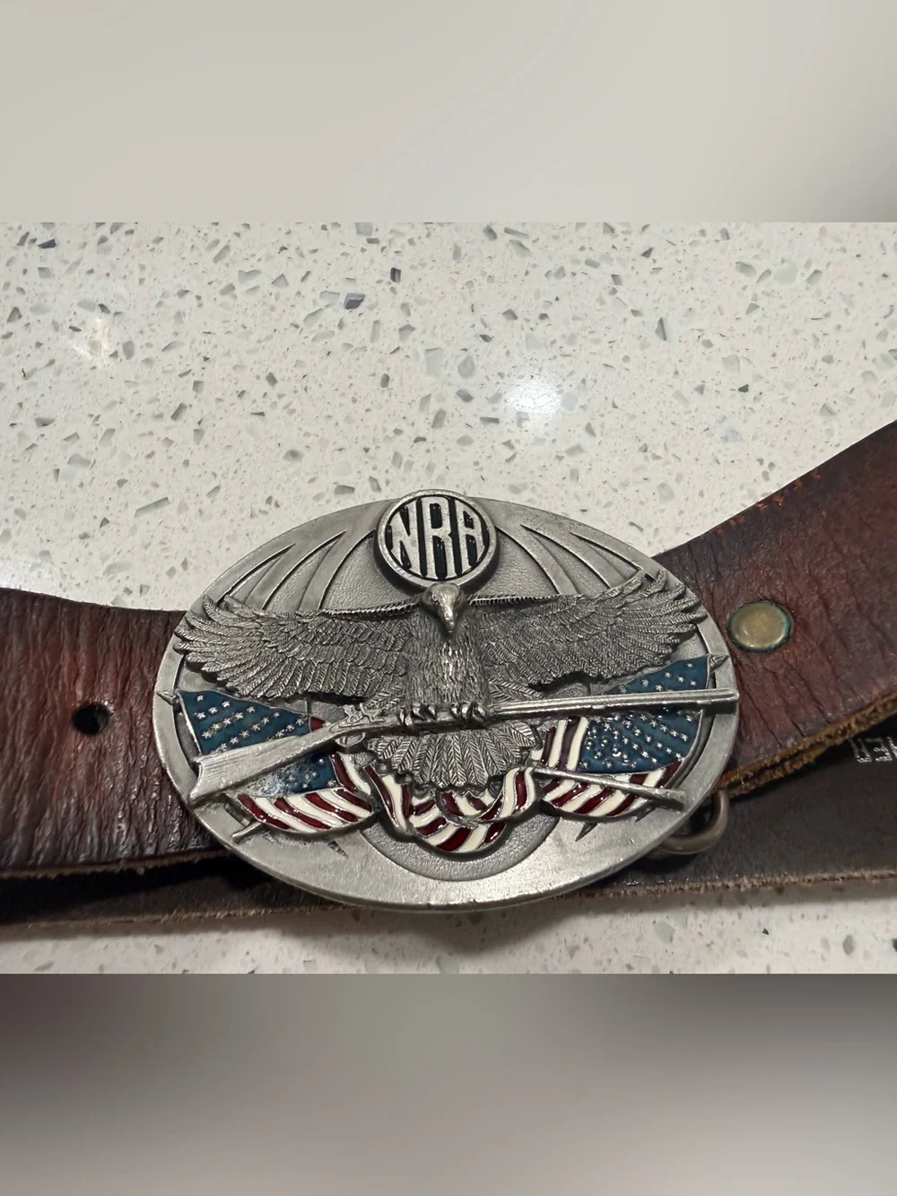 Vintage 1994 Nocona Brown Leather Belt 3D Eagle NRA Flag & Rifle Buckle 12 Gauge